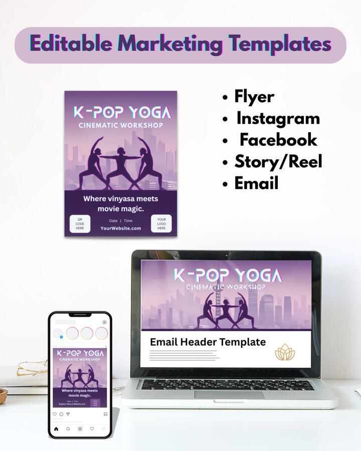 Untitled Editable Canva marketing templates for K-Pop Yoga Workshop Kit, including flyer, Instagram post, Facebook graphic, story/reel design, and email header.