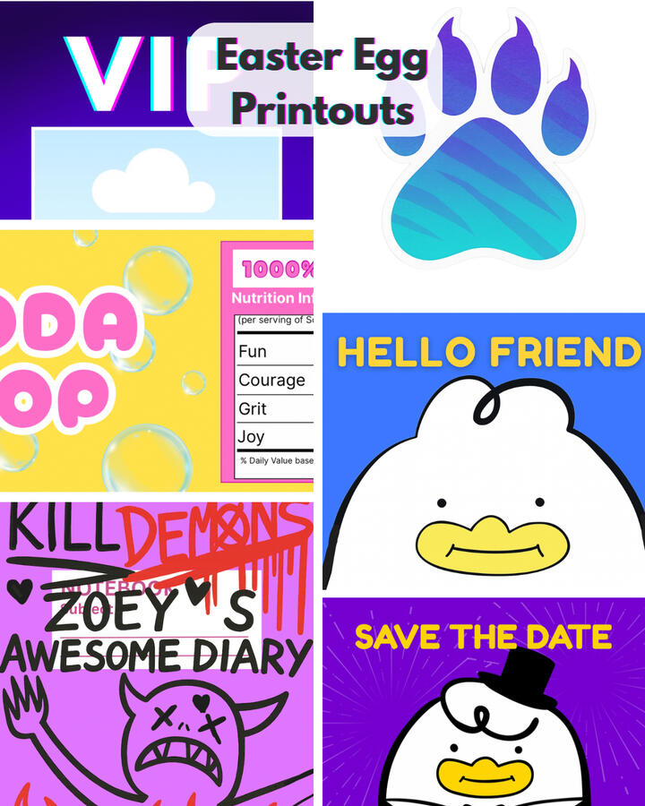 Untitled K-Pop yoga Easter Egg printables including Soda Pop can wrap, duck poster, Kill Demons notebook cover, Save the Date card, and customizable VIP badge.