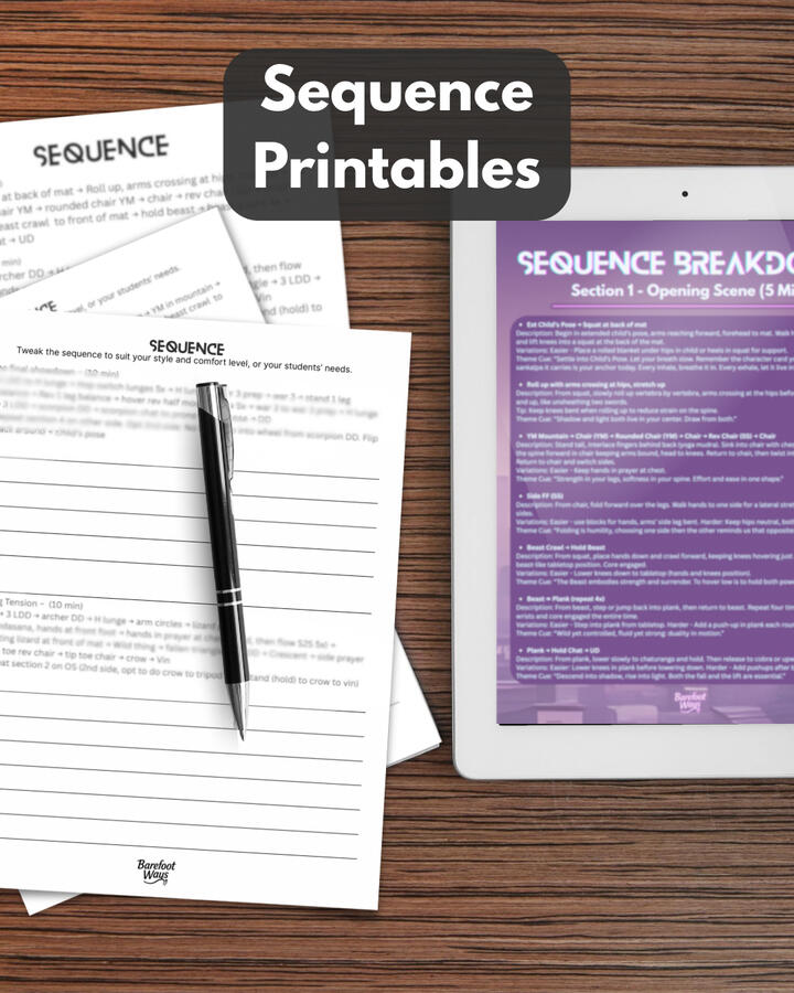 Untitled Printable yoga sequence sheets and breakdown guide from the K-Pop Yoga Cinematic Workshop Kit, with detailed cues and class flow reference pages.