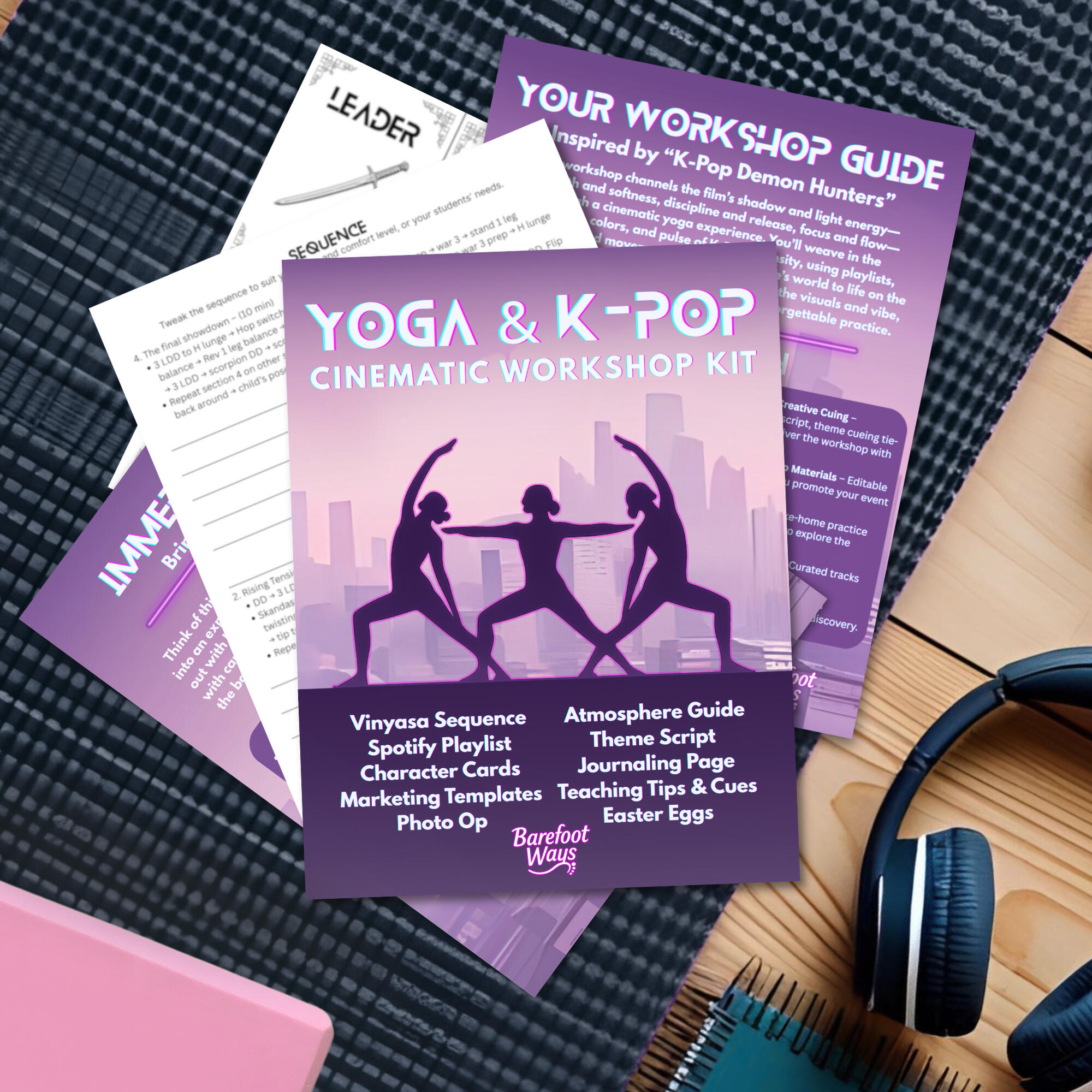 Yoga & K-Pop Cinematic Workshop Kit printable bundle with vinyasa sequence, immersion guide, Spotify playlist, Easter egg props, Canva marketing templates, and student journal.